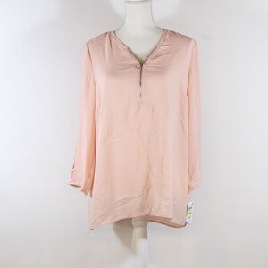 JM Collection Casabella Dot Injection Pink Sheer V-neck 1/2 Zip Blouse